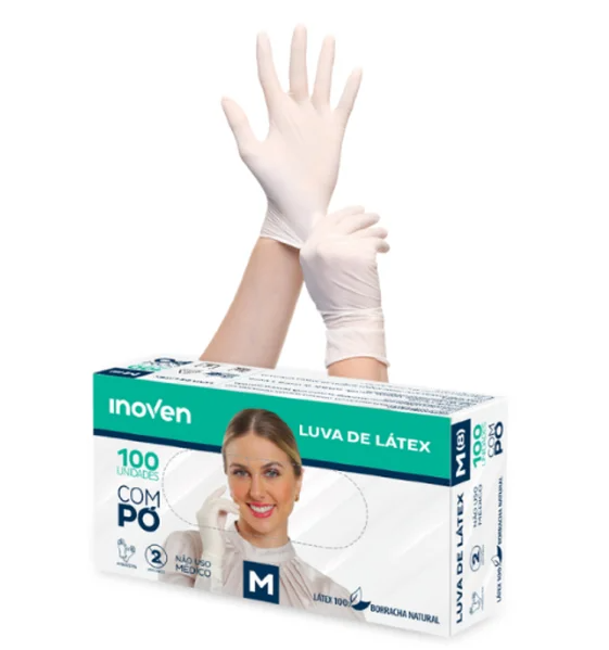 LUVA DE LÁTEX TAM. P INOVEN C/ 100 UNID. COM PÓ