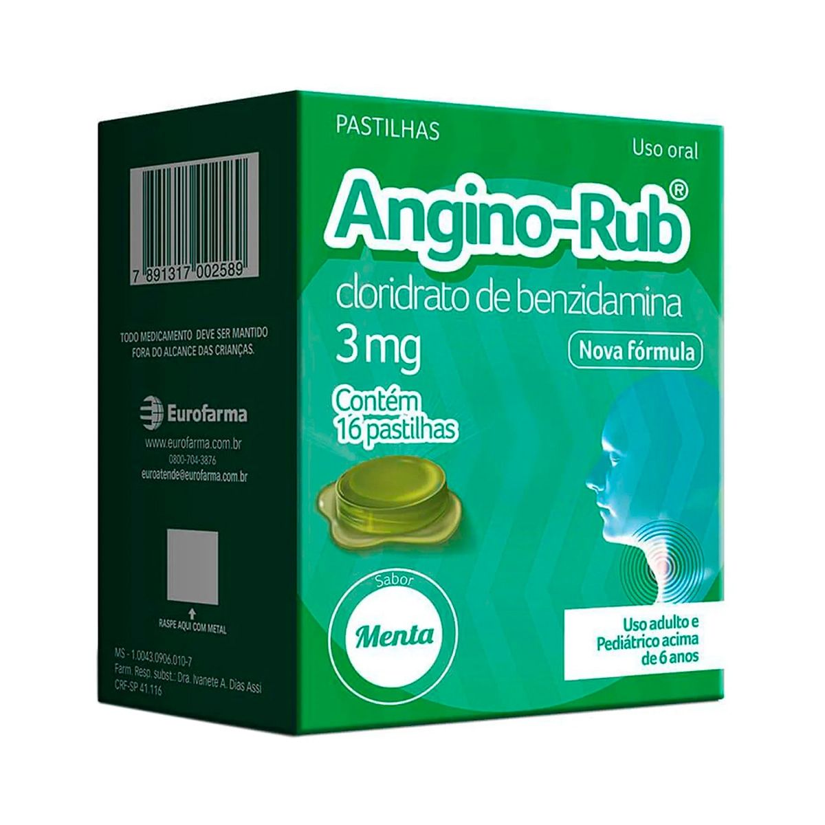 ANGINO RUB CLORIDATO DE BENZIDAMINA 3MG C/ 16 PAST. MENTA EUROFARMA